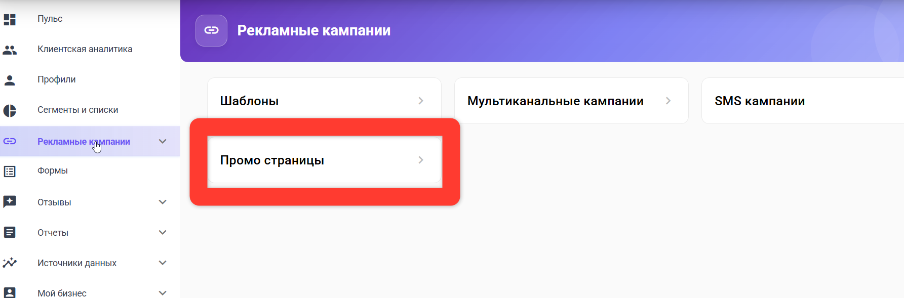 Рекламные кампании → Промо страницы